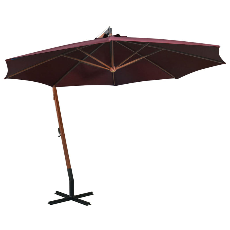 Load image into Gallery viewer, Vidaxl zweefparasol met paal 3,5x2,9 m massief vurenhout bordeauxrood
