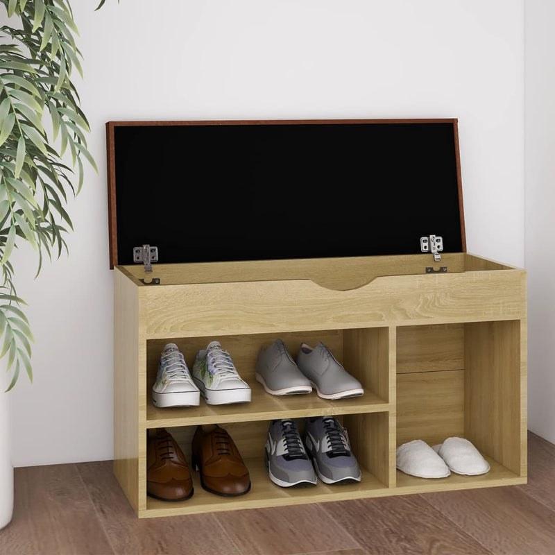 Load image into Gallery viewer, Vidaxl schoenenbank met kussen 80x30x47 cm bewerkt hout sonoma eiken
