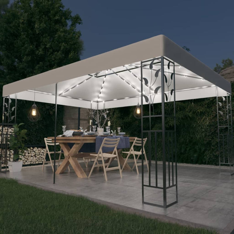 Load image into Gallery viewer, VidaXL Prieel met dubbel dak en LED-lichtslinger 3x4 m wit

