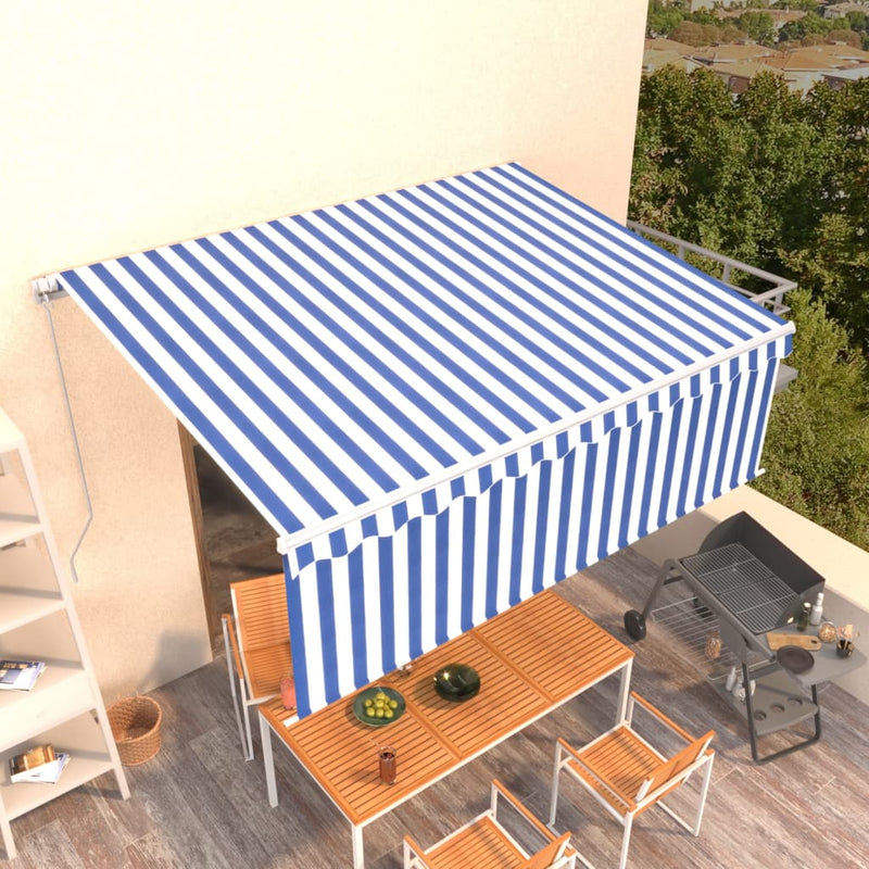 Load image into Gallery viewer, Vidaxl luifel handmatig uittrekbaar met rolgordijn 4x3 m blauw en wit
