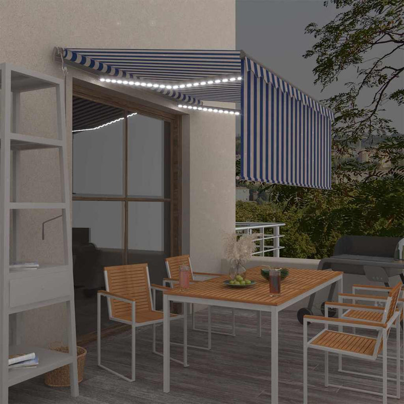 Load image into Gallery viewer, Vidaxl luifel automatisch met gordijn led windsensor 3x2,5 m blauw wit
