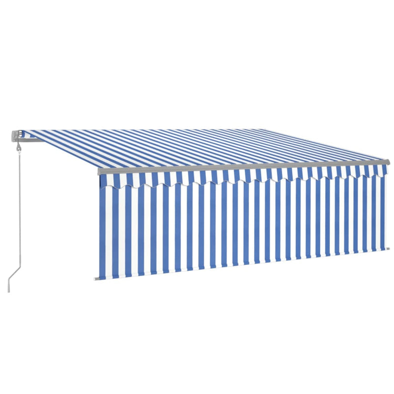 Load image into Gallery viewer, VidaXL Luifel met rolgordijn, LED en windsensor 4,5x3 m blauw en wit
