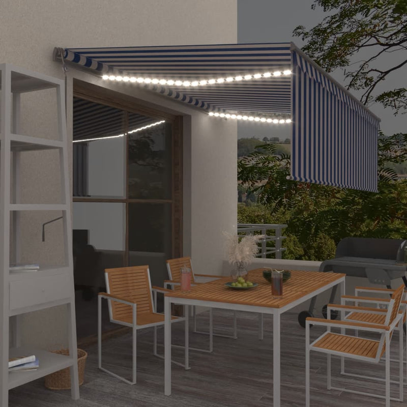 Load image into Gallery viewer, VidaXL Luifel met rolgordijn, LED en windsensor 4,5x3 m blauw en wit
