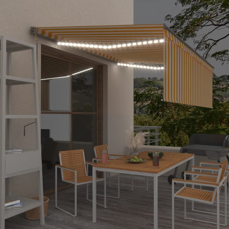 Load image into Gallery viewer, VidaXL Luifel met rolgordijn, LED en windsensor 4,5x3 m geel en wit
