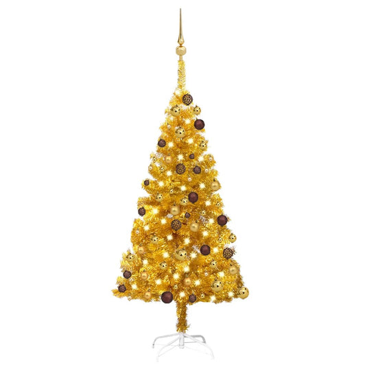 VidaXL Kunstkerstboom met verlichting en kerstballen 120 cm PET goud