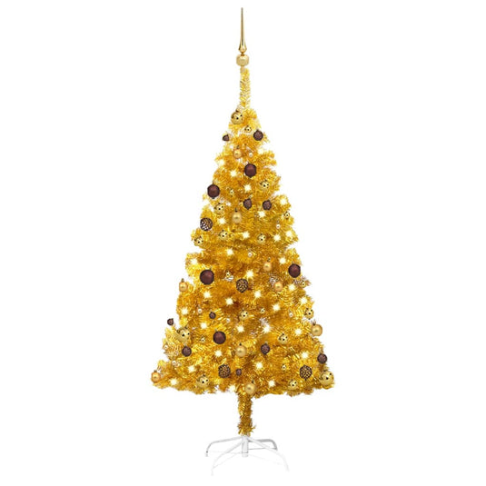 VidaXL Kunstkerstboom met verlichting en kerstballen 150 cm PET goud
