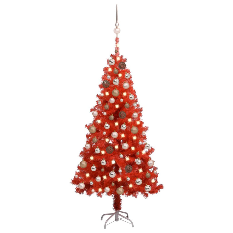 Load image into Gallery viewer, VidaXL Kunstkerstboom met verlichting en kerstballen 150 cm PVC rood

