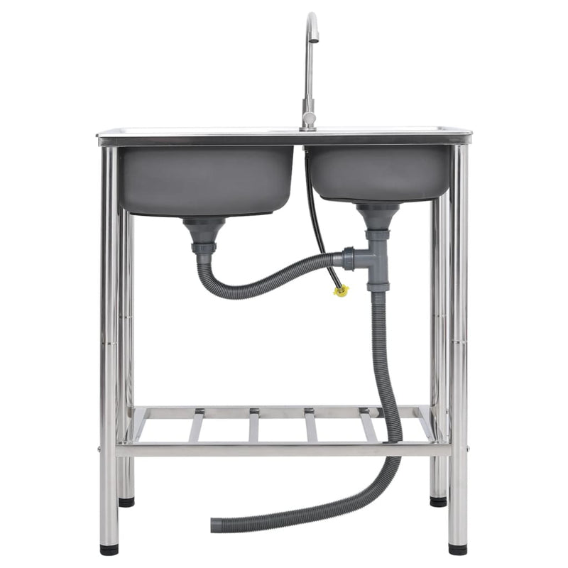 Load image into Gallery viewer, Vidaxl campinggootsteen dubbele bakken met kraan roestvrij staal
