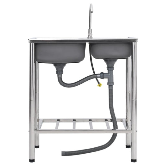 Vidaxl campinggootsteen dubbele bakken met kraan roestvrij staal