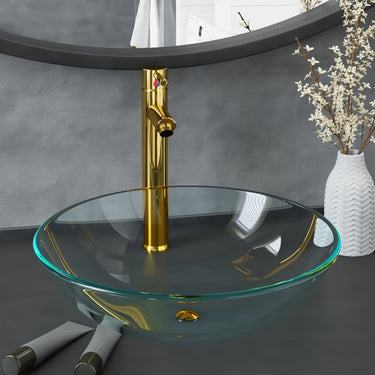 Vidaxl wastafel met kraan en pop-up afvoer gehard glas transparant