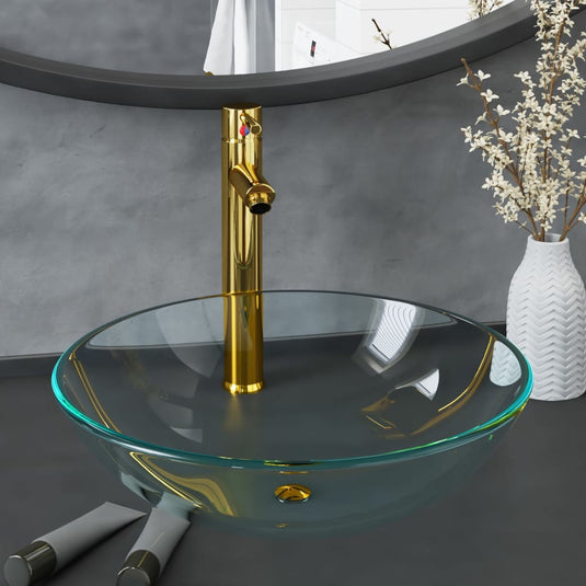 Vidaxl wastafel met kraan en pop-up afvoer gehard glas transparant