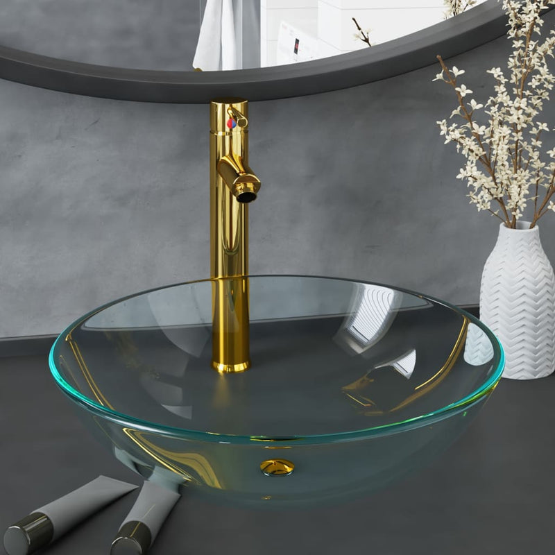 Load image into Gallery viewer, Vidaxl wastafel met kraan en pop-up afvoer gehard glas transparant
