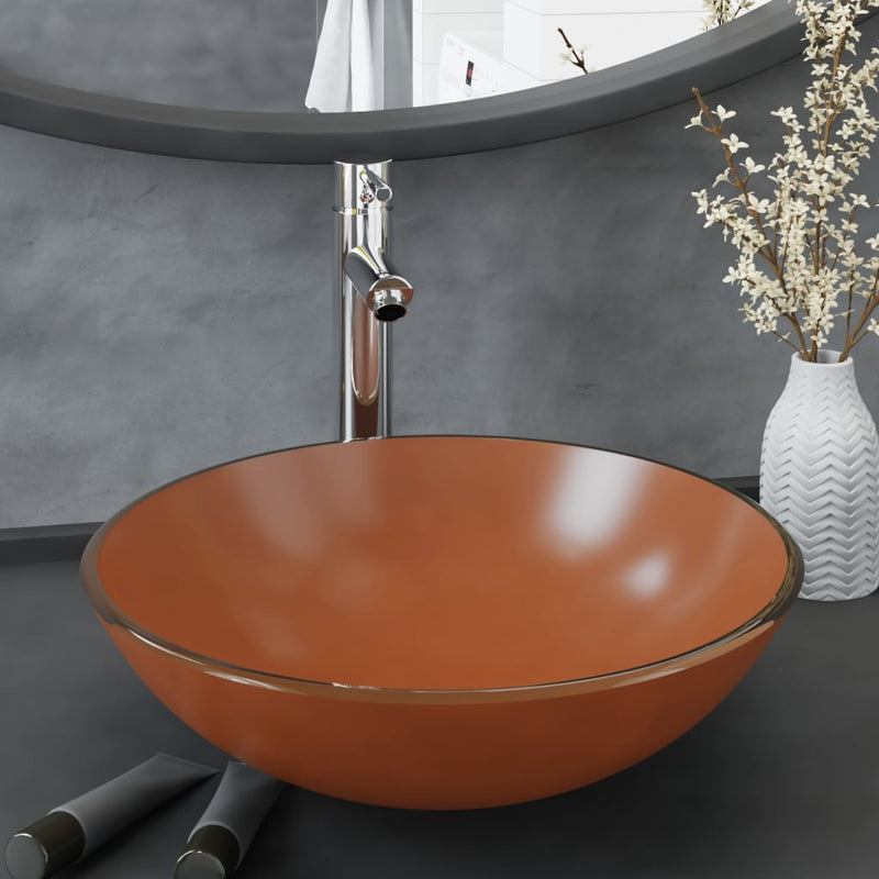 Load image into Gallery viewer, VidaXL Wastafel met kraan en pop-up afvoer gehard glas bruin
