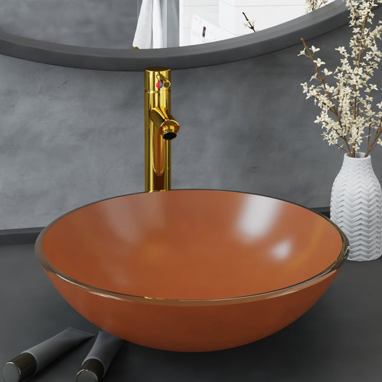 Vidaxl wastafel met kraan en pop-up afvoer gehard glas bruin