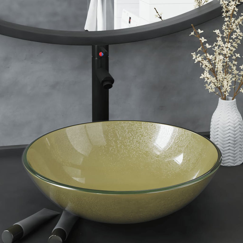 Load image into Gallery viewer, Vidaxl wastafel met kraan en pop-up afvoer gehard glas goudkleurig
