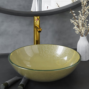 Vidaxl wastafel met kraan en pop-up afvoer gehard glas goudkleurig