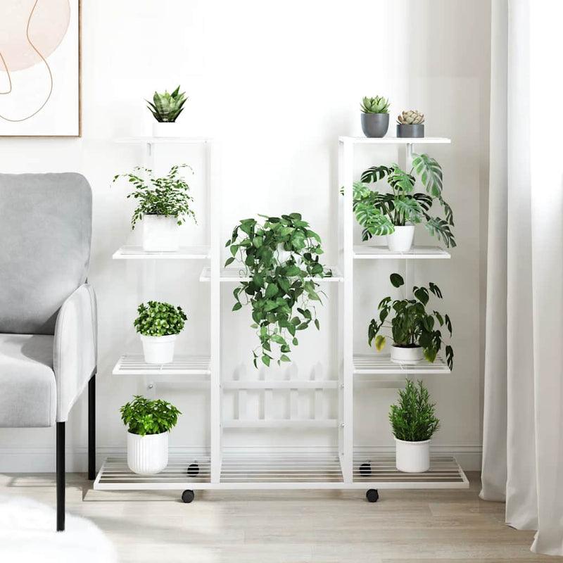 Load image into Gallery viewer, Vidaxl bloemenstandaard met wielen 94,5x24,5x91,5 cm ijzer wit

