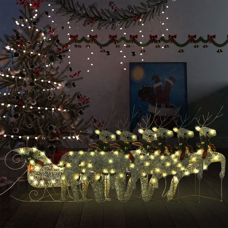 Load image into Gallery viewer, VidaXL Buitenkerstversiering rendieren en slee 140 LED's goudkleurig
