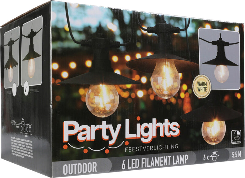 Afbeelding laden in galerijviewer, Pro garden party lights buitenverlichting 6 led filament lampen warm wit 5,5 meter feestverlichting voor buiten
