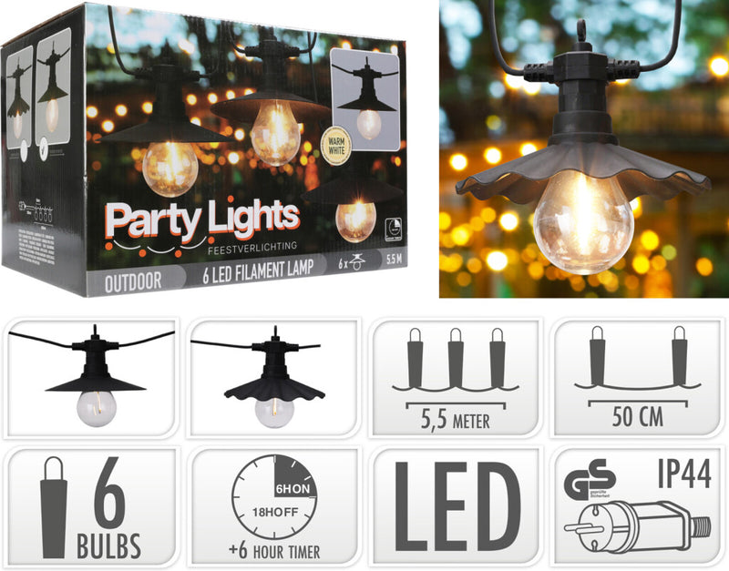 Afbeelding laden in galerijviewer, Pro garden party lights buitenverlichting 6 led filament lampen warm wit 5,5 meter feestverlichting voor buiten

