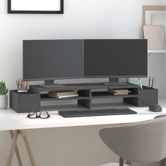 Vidaxl monitorstandaard 100x27,5x15 cm massief grenenhout grijs