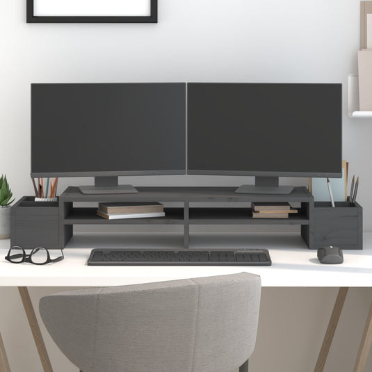 Vidaxl monitorstandaard 100x27,5x15 cm massief grenenhout grijs