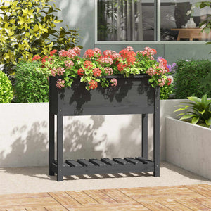 Vidaxl plantenbak met schap 82,5x34,5x81 cm massief grenenhout grijs