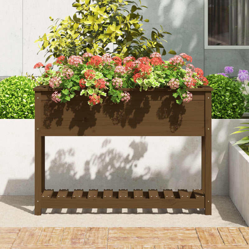 Load image into Gallery viewer, Vidaxl plantenbak met schap 111,5x34,5x81 cm grenenhout honingbruin
