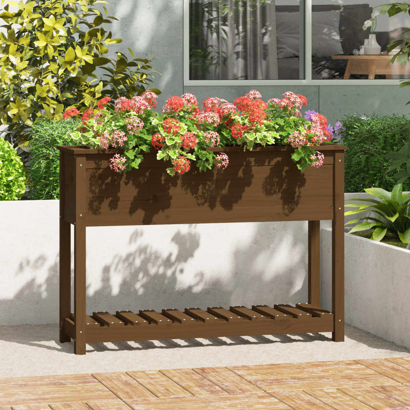 Load image into Gallery viewer, Vidaxl plantenbak met schap 111,5x34,5x81 cm grenenhout honingbruin
