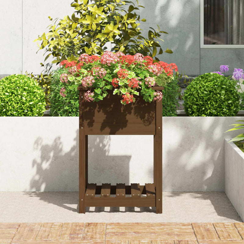 Load image into Gallery viewer, Vidaxl plantenbak met schap 54x54x81 cm grenenhout honingbruin
