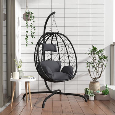Vidaxl hangende ei-stoel met kussen antraciet poly rattan staal