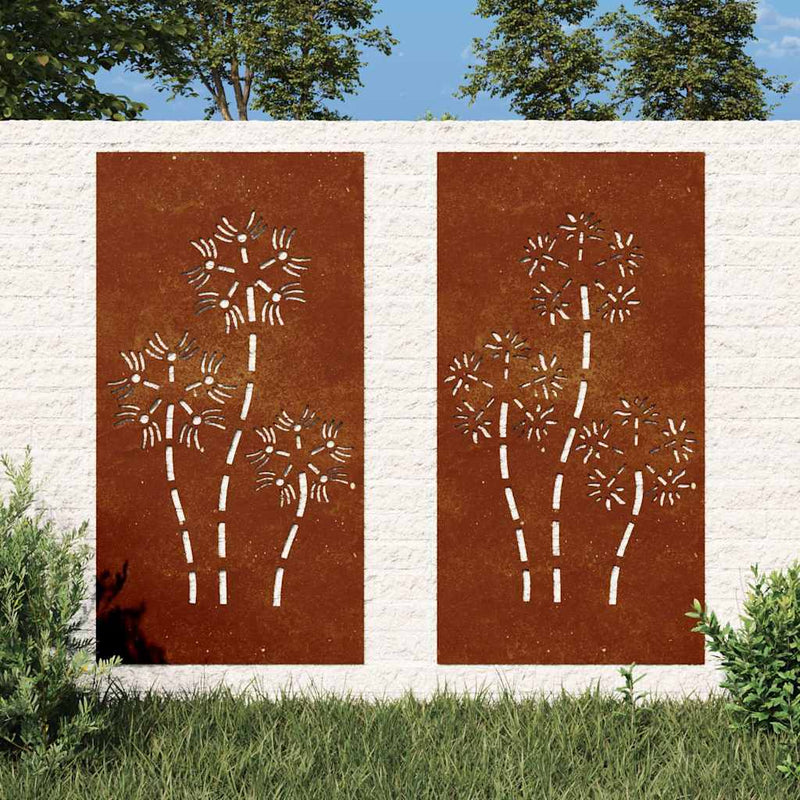 Afbeelding laden in galerijviewer, Vidaxl wanddecoratie tuin 2 st bloemenontwerp 105x55 cm cortenstaal
