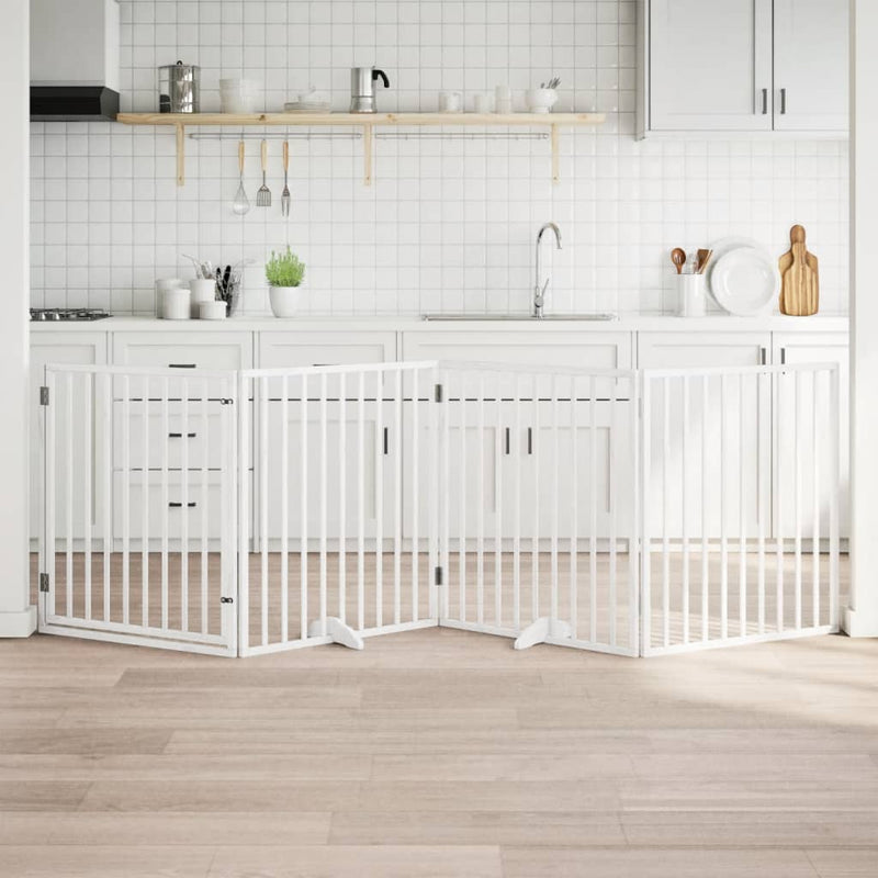 Load image into Gallery viewer, Vidaxl hondenhek met deur opvouwbaar 4 panelen wit 320 cm populierenhout
