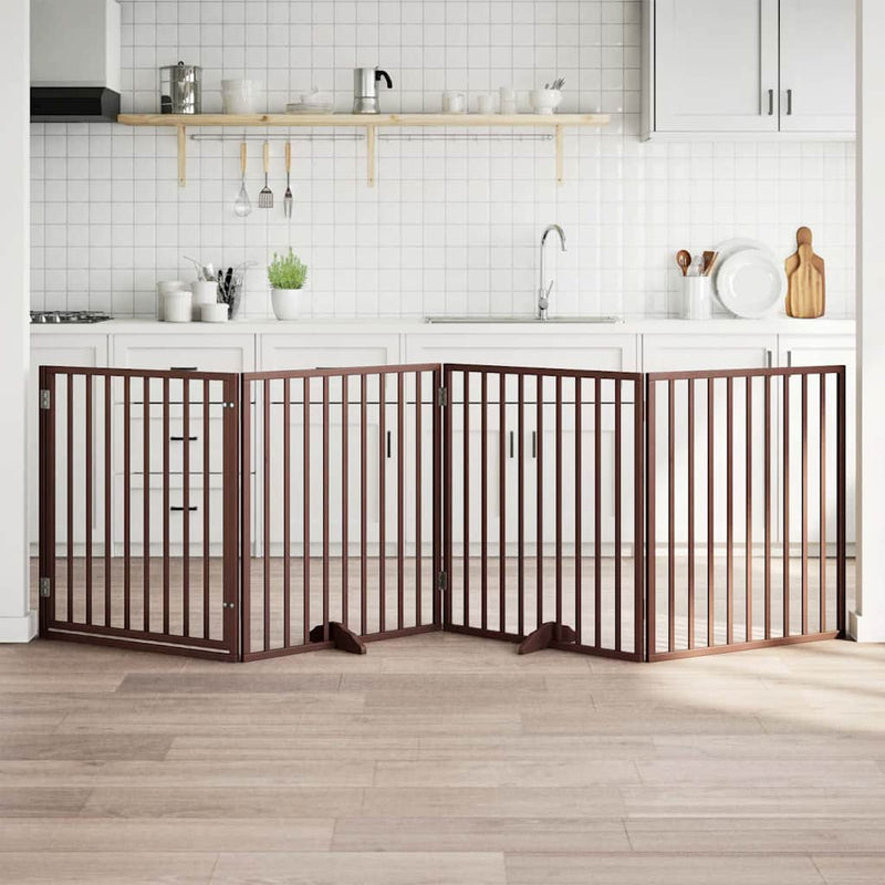 Load image into Gallery viewer, Vidaxl hondenhek met deur opvouwbaar 4 panelen bruin 320 cm populierenhout
