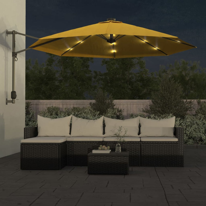 Afbeelding laden in galerijviewer, Vidaxl wandparasol met leds 290 cm geel
