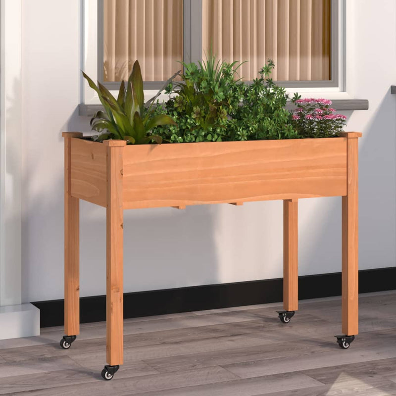 Afbeelding laden in galerijviewer, Vidaxl plantenbak op wieltjes 118x59x80 cm massief vurenhout bruin

