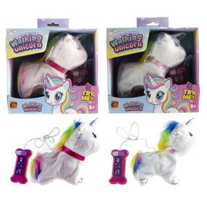 Lopende unicorn met geluid op batterij 16cm 2 assorti
