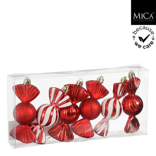 Mica decorations snoep hanger 5x3.5x10 cm 6 stuks rood wit