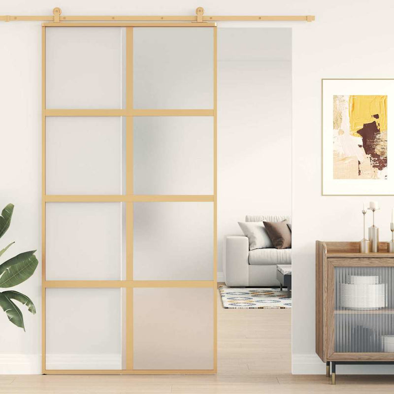 Load image into Gallery viewer, Vidaxl schuifdeur 102,5x205 cm mat esg-glas en aluminium goudkleurig
