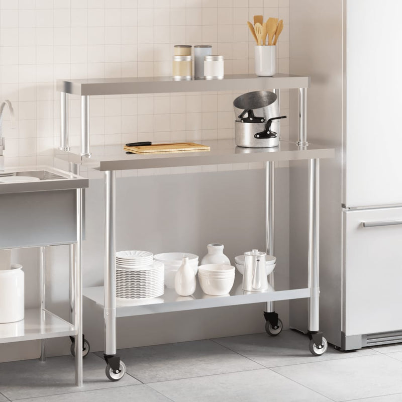 Load image into Gallery viewer, Vidaxl keukenwerktafel met bovenschap 110x55x120 cm roestvrij staal
