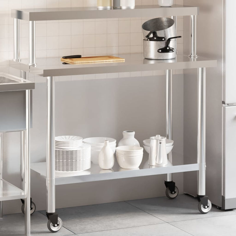 Load image into Gallery viewer, Vidaxl keukenwerktafel met bovenschap 110x55x120 cm roestvrij staal
