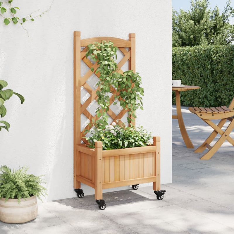 Load image into Gallery viewer, VidaXL Plantenbak met latwerk en wielen massief vurenhout bruin
