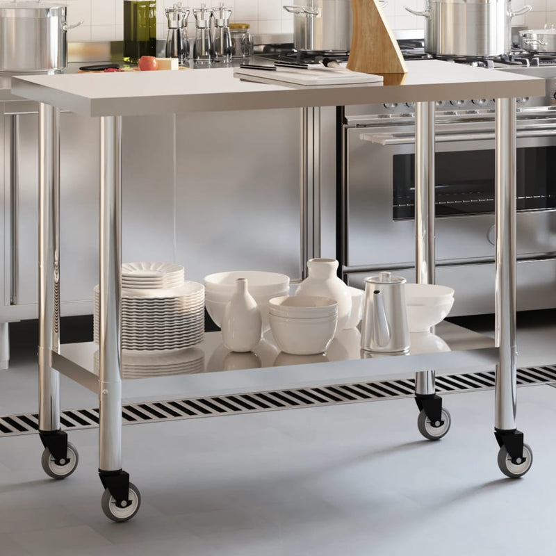 Load image into Gallery viewer, Vidaxl keukenwerktafel met wielen 110x55x85 cm roestvrij staal
