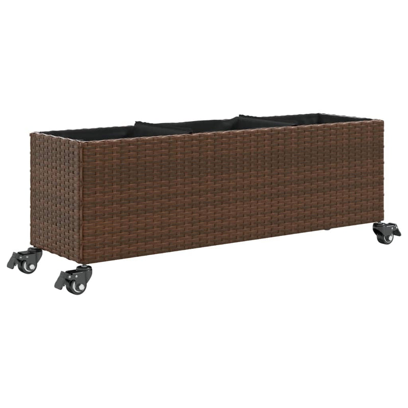 Load image into Gallery viewer, VidaXL Plantenbak met wielen 3 potten 107x32x38 cm poly rattan bruin
