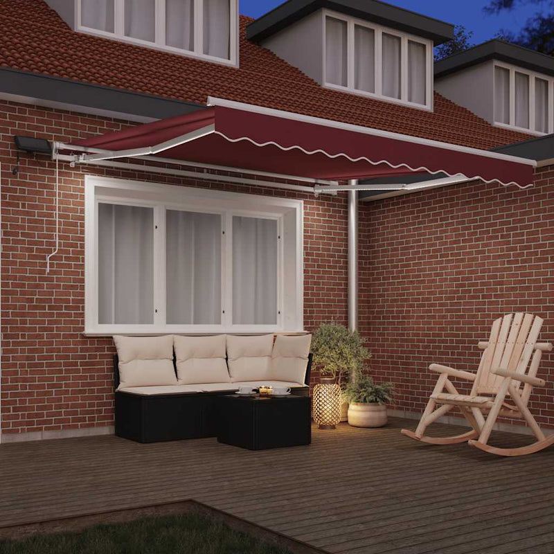 Afbeelding laden in galerijviewer, Vidaxl luifel handmatig uittrekbaar met led 300x250 cm bordeauxrood
