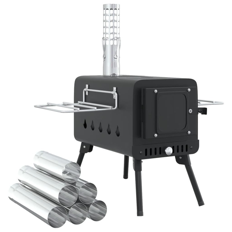 Load image into Gallery viewer, VidaXL Houtkachel tent met schoorsteen en inklapbare poten staal zwart
