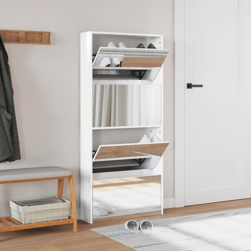 Afbeelding laden in galerijviewer, VidaXL Schoenenkast met spiegel 4-laags 63x17x134 cm hoogglans wit

