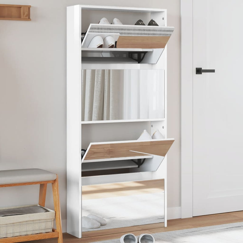 Afbeelding laden in galerijviewer, VidaXL Schoenenkast met spiegel 4-laags 63x17x134 cm hoogglans wit
