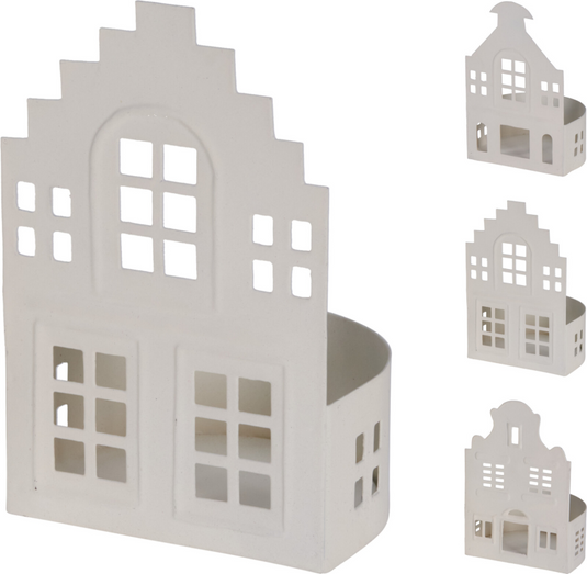 Theelichthouder huis 12cm 3 assorti - wit
