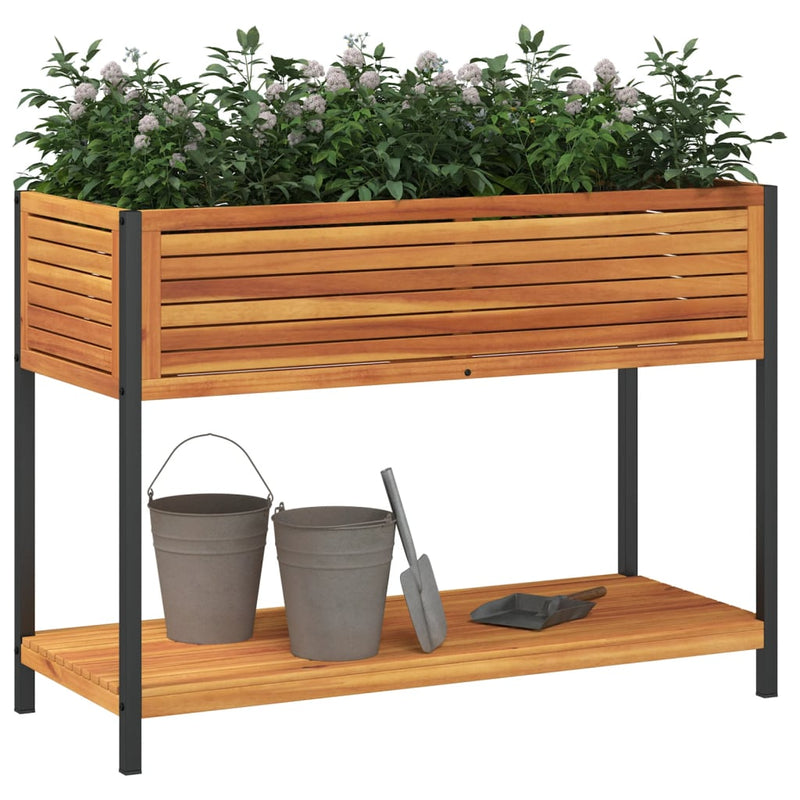 Load image into Gallery viewer, Vidaxl plantenbak met schap 110x45x80 cm massief acaciahout en staal
